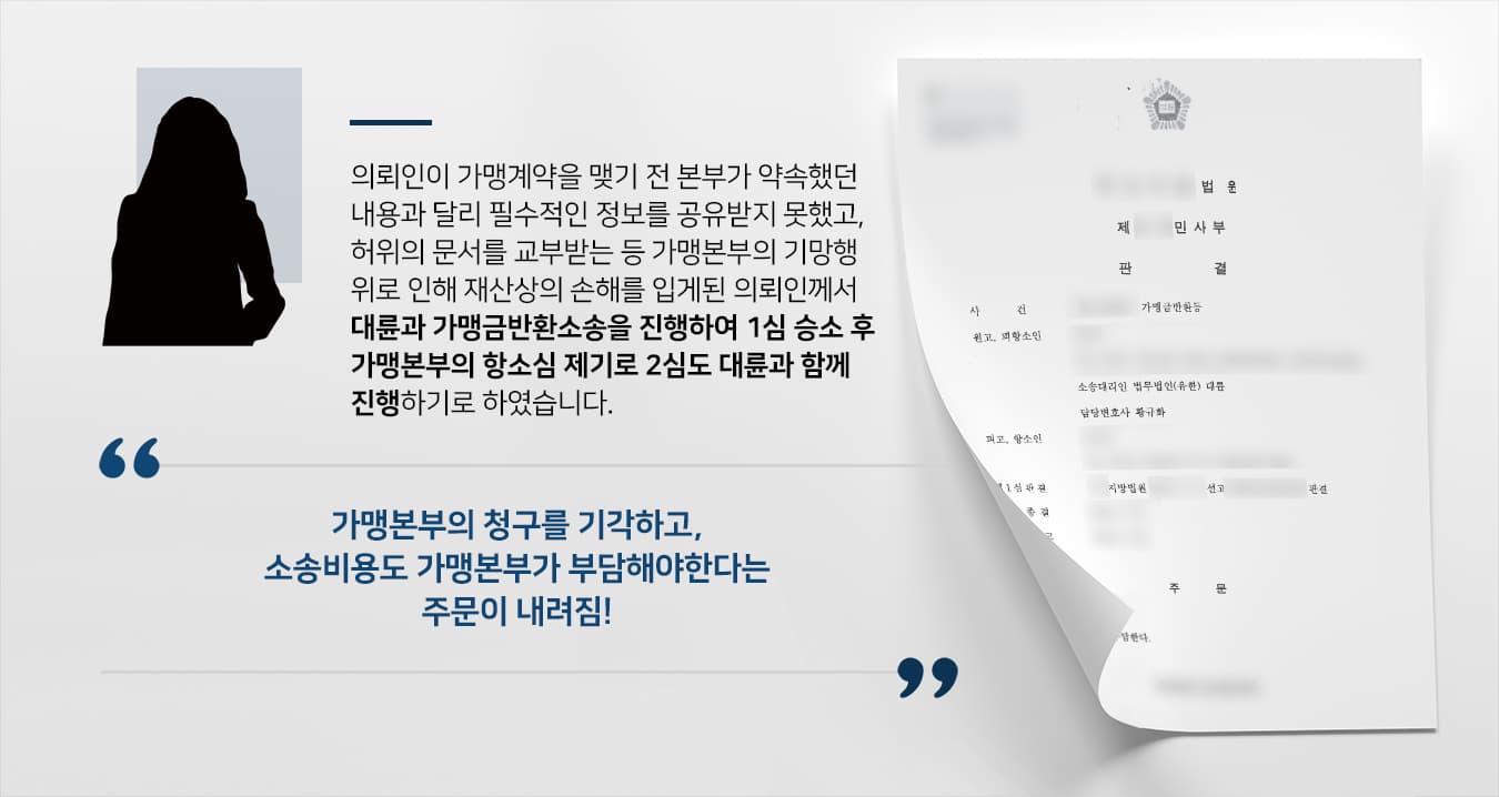 본 사건의 의뢰인은 가맹사업본부로부터 점포만 내면 큰 이익을 낼 것이라는 말을 듣고 계약을 하고 영업점을 운영하였습니다.그러나 가맹사업본부는 의뢰인에게 전폭적인 지원 및 합당한 자료제공을 하겠다는 약속과 달리 정보공개서 제공의무를 지키지 않았고, 점포에 관한 비용도 허위로 알려주는 등의 행위를 하며 의뢰인을 기망하였습니다.이로 인해 큰 이익은 커녕 심각한 재산상의 손해를 입게된 의뢰인은 가맹계약 해지 및 가맹금반환을 받기 위해 기업법무변호사·민사전문변호사가 있는 법무법인 대륜을 찾아주샸습니다.의뢰인의 손해를 줄이기 위한 대륜의 전담팀의 조력으로 1심에서 기지급 가맹금의 80%와 지연이자를 받도록 하는 판결이 내려졌습니다.그러나 피고(가맹사업본부)는 재판 결과에 불복하여 항소심을 제기하였고, 이에 의뢰인께서는 원심에서 좋은 결과를 낸 대륜을 믿고 2심 진행도 의뢰해주셨습니다.