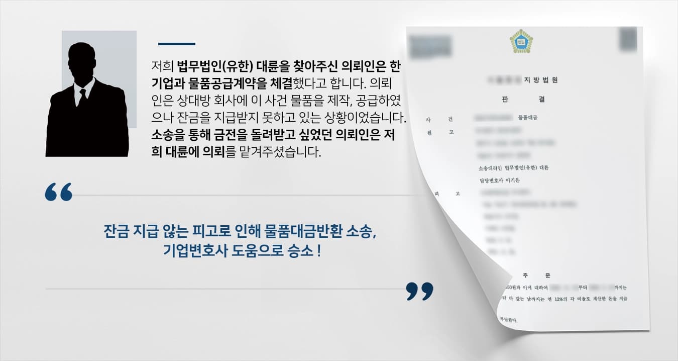 [물품대금반환 소송 승소] 기업변호사, 잔금 지급 불이행 업체에 소송 진행해 전액 인용 성공